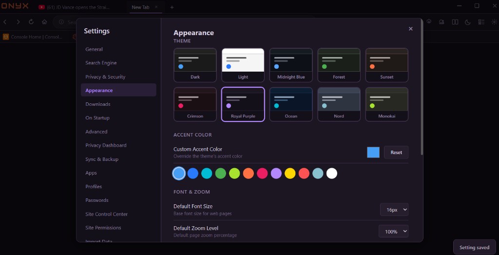Onyx Browser appearance settings with multiple themes and accent colors