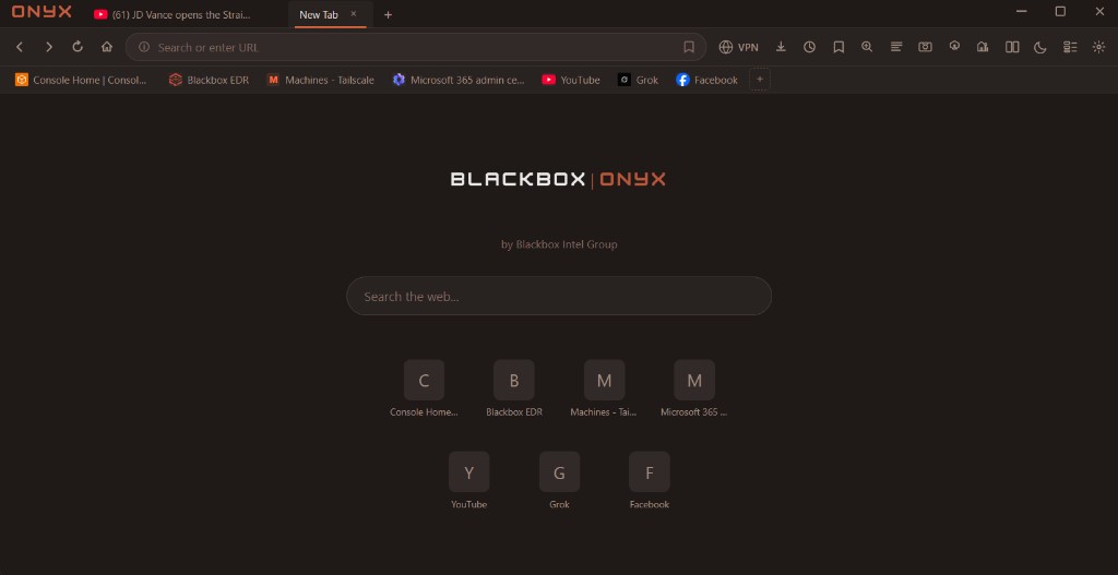Onyx Browser new tab page with search and quick-access bookmarks