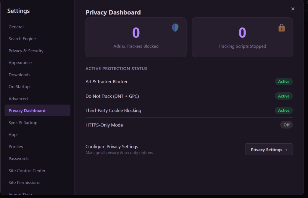 Onyx Browser privacy dashboard showing blocked trackers and active protections