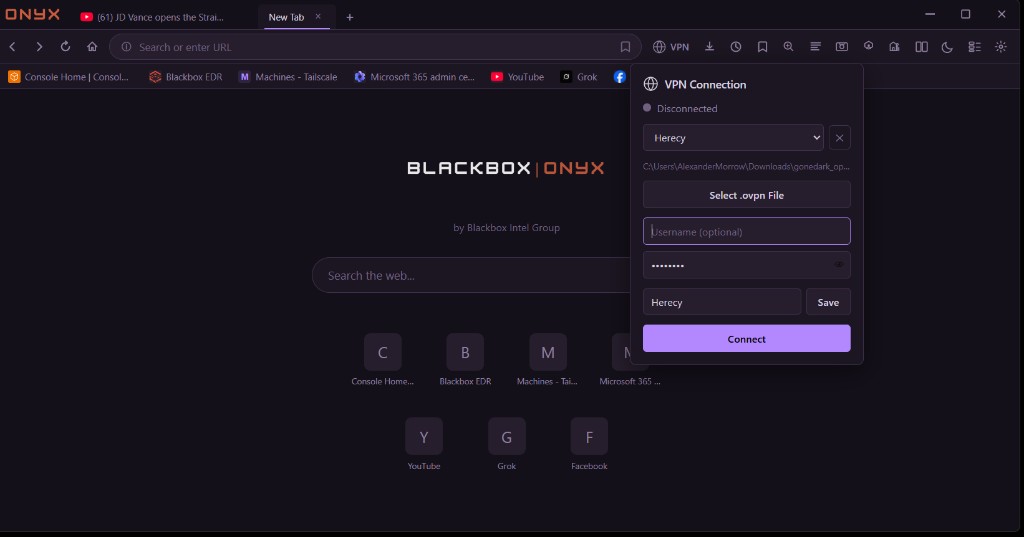 Onyx Browser built-in VPN connection panel